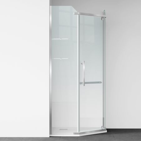 Cabina de dus, pentagonala, usa batanta, Crom, sticla 8 mm, suport prosoape, 2 rafturi, 90 x 90 cm, Nano Easy Clean, Leon