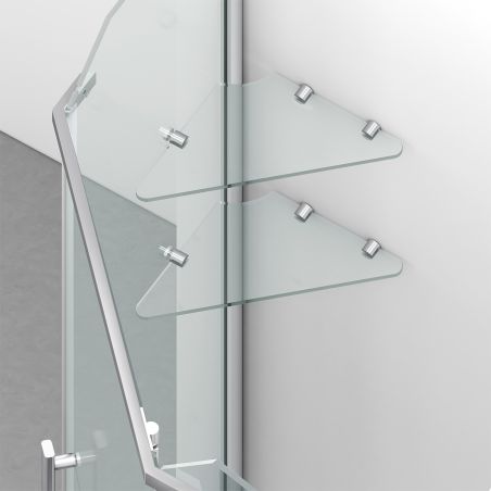 Cabina de dus, pentagonala, usa batanta, Crom, sticla 8 mm, suport prosoape, 2 rafturi, 90 x 90 cm, Nano Easy Clean, Leon