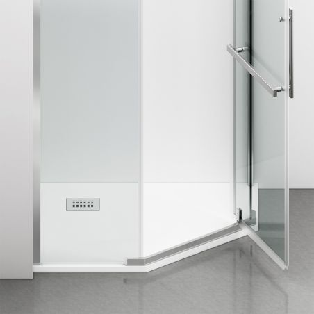 Cabina de dus, pentagonala, usa batanta, Crom, sticla 8 mm, suport prosoape, 2 rafturi, 90 x 90 cm, Nano Easy Clean, Leon