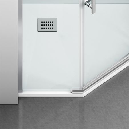 Cabina de dus, pentagonala, usa batanta, Crom, sticla 8 mm, suport prosoape, 2 rafturi, 90 x 90 cm, Nano Easy Clean, Leon