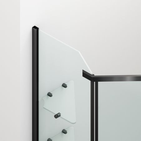 Cabina de dus, pentagonala, usa batanta, Negru Mat, sticla 8 mm, suport prosoape, 2 rafturi, 90 x 90 cm, Nano Easy Clean, Leon