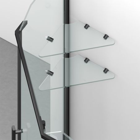 Cabina de dus, pentagonala, usa batanta, Negru Mat, sticla 8 mm, suport prosoape, 2 rafturi, 90 x 90 cm, Nano Easy Clean, Leon
