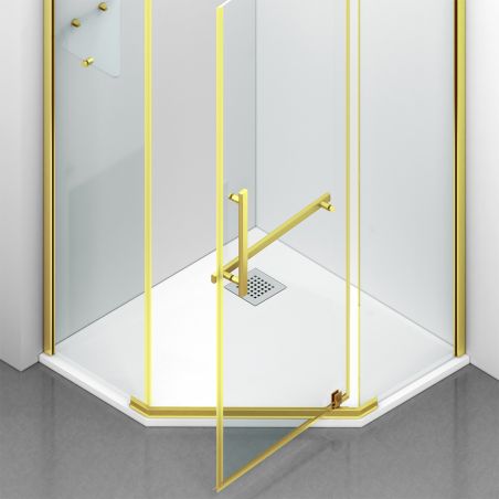 Cabina de dus, pentagonala, usa batanta, Auriu Mat, sticla 8 mm, suport prosoape, 2 rafturi, 90 x 90 cm, Nano Easy Clean, Leon