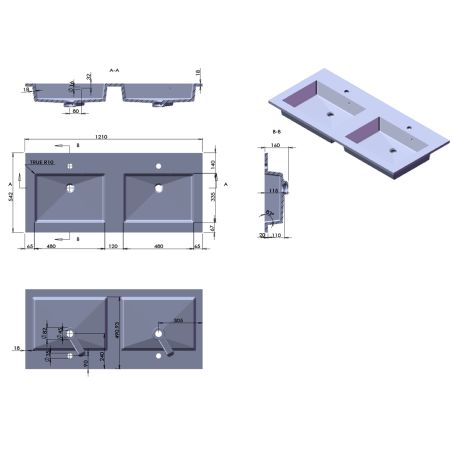 Lavoar dublu, compozit, finisaj Carrara Arabescato, montaj semi-incastrat, 121x54.2 cm, Cortina