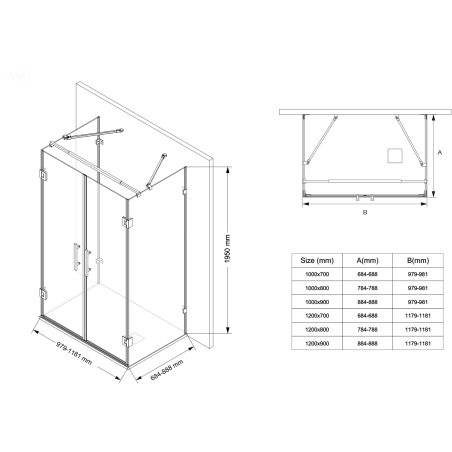 Cabina de dus, 3 laturi, Usa batanta, Negru Mat, Sticla 8 mm, Tratament Nano, Dimensiuni 70-80-90x100-120 cm, Trinity