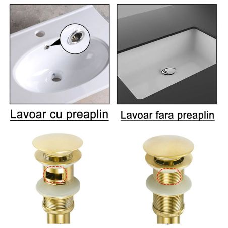 Sifon de scurgere cu ventil,  sistem Pop-up, Auriu, cu sau fara preaplin, etansare din silicon, Zaro