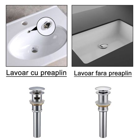 Sifon de scurgere cu ventil, sistem Pop-up, Crom, cu sau fara preaplin, etansare din silicon, Zaro