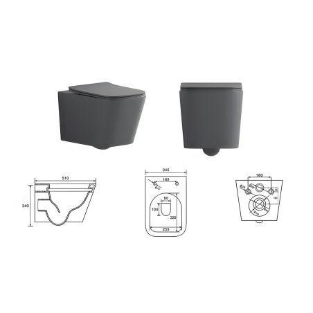 Vas WC Rimless, Gri Mat, Power Color,  montaj suspendat, capac duroplast slim soft-close inclus, Alfonso