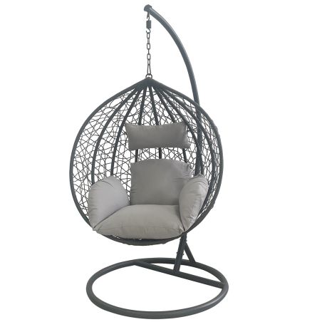 Scaun agatat California Grey, Fotoliu suspendat, Curte sau Living, comfortabil, ratan 3D