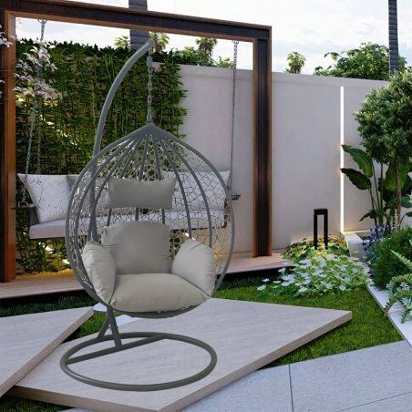 Scaun agatat California Grey, Fotoliu suspendat, Curte sau Living, comfortabil, ratan 3D