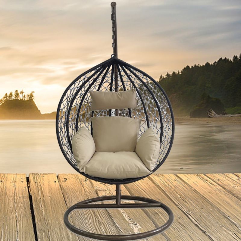 Scaun agatat California Brown, Fotoliu suspendat, Curte sau Living, comfortabil, ratan 3D