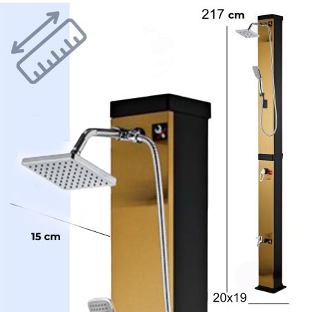 Dus solar pentru gradina, 40 Litri, robinet pentru picioare, dus de mana, cap de dus ploaie 15 cm, auriu si negru, Malaga
