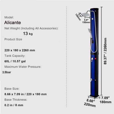 Dus solar 60 Litri, robinet pentru picioare, dus de mana si termometru, cap de dus tip ploaie, PVC+ABS, Albastru Negru, Alicante