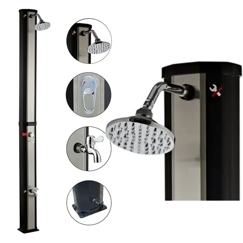 Dus solar pentru gradina si piscina, 35 Litri, robinet pentru picioare, cap de dus tip ploaie, PVC+ABS, Negru Nichel Mat, Cadiz