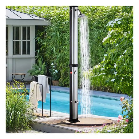 Dus solar pentru gradina si piscina, 35 Litri, robinet pentru picioare, cap de dus tip ploaie, PVC+ABS, Negru Nichel Mat, Cadiz