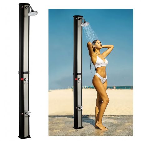 Dus solar pentru gradina si piscina, 35 Litri, robinet pentru picioare, cap de dus tip ploaie, PVC+ABS, Negru Nichel Mat, Cadiz