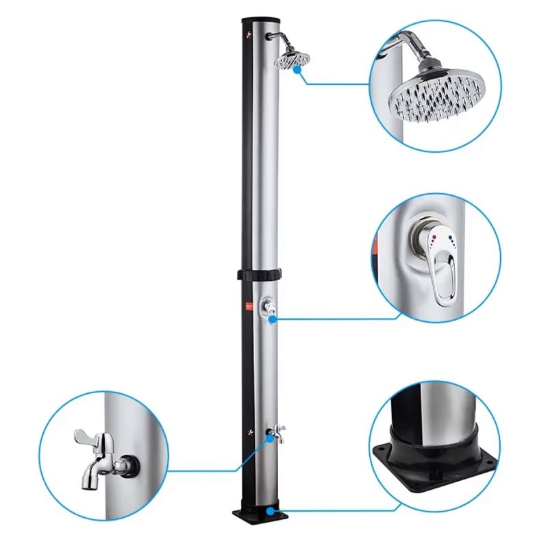 Dus solar pentru gradina si piscina, 35 Litri, robinet pentru picioare, cap de dus tip ploaie, PVC+ABS, Negru Nichel Mat, Cadiz