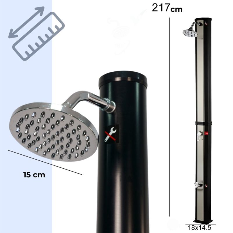 Dus solar pentru gradina si piscina, 35 Litri, robinet pentru picioare, cap de dus tip ploaie, PVC+ABS, Negru Nichel Mat, Cadiz