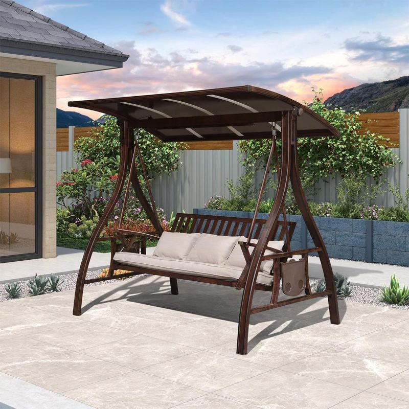 Balansoar de 3 persoane, gradina sau terasa, aluminiu, iluminare Led, suport de pahare, perne incluse, maro, Solaris