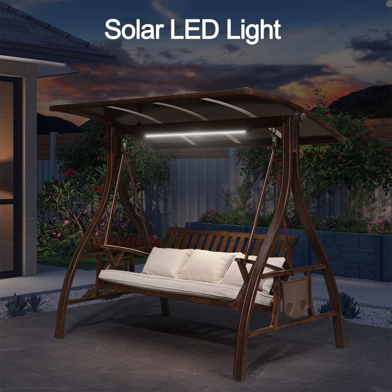 Balansoar de 3 persoane, gradina sau terasa, aluminiu, iluminare Led, suport de pahare, perne incluse, maro, Solaris