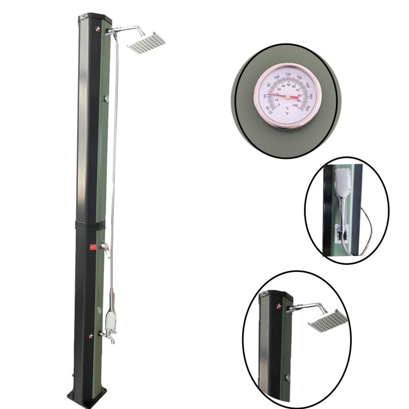 Dus solar, 60 Litri, robinet pentru picioare, dus de mana, termometru, cap de dus tip ploaie, PVC+ABS, Verde Negru, Alicante