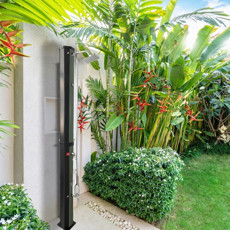 Dus solar, 60 Litri, robinet pentru picioare, dus de mana, termometru, cap de dus tip ploaie, PVC+ABS, Verde Negru, Alicante