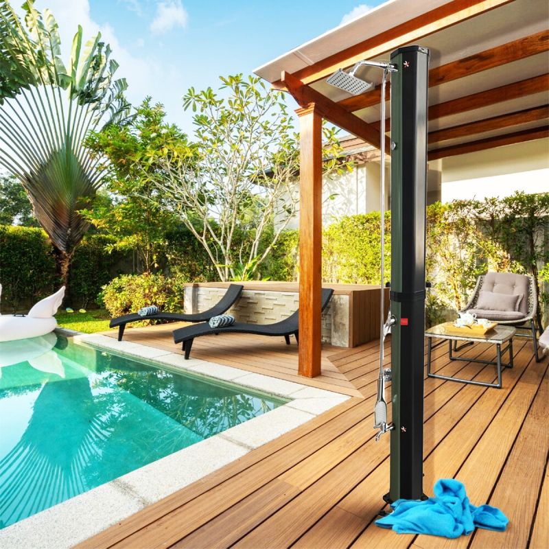 Dus solar, 60 Litri, robinet pentru picioare, dus de mana, termometru, cap de dus tip ploaie, PVC+ABS, Verde Negru, Alicante