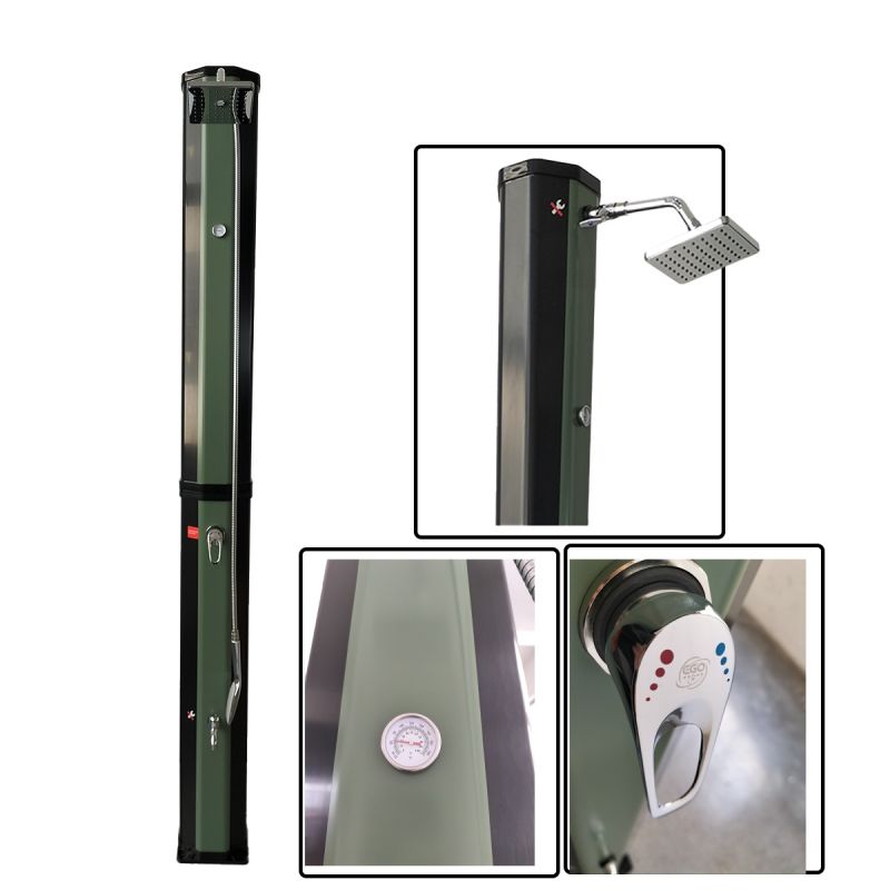 Dus solar, 60 Litri, robinet pentru picioare, dus de mana, termometru, cap de dus tip ploaie, PVC+ABS, Verde Negru, Alicante
