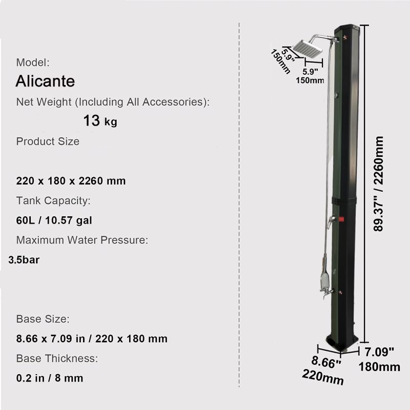 Dus solar, 60 Litri, robinet pentru picioare, dus de mana, termometru, cap de dus tip ploaie, PVC+ABS, Verde Negru, Alicante