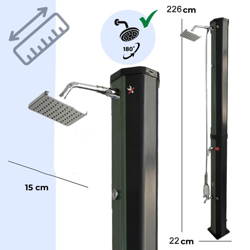 Dus solar, 60 Litri, robinet pentru picioare, dus de mana, termometru, cap de dus tip ploaie, PVC+ABS, Verde Negru, Alicante