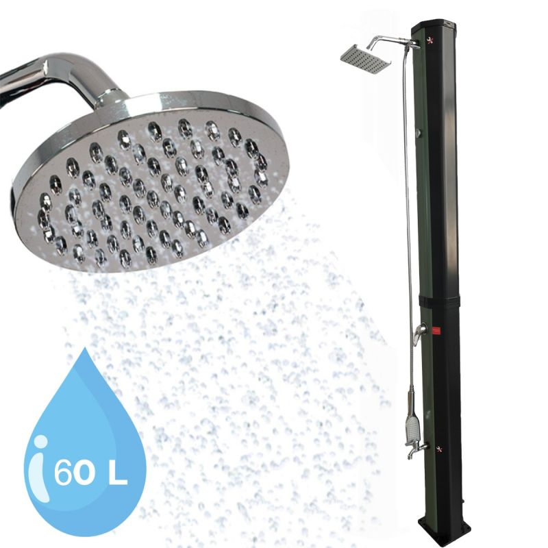Dus solar, 60 Litri, robinet pentru picioare, dus de mana, termometru, cap de dus tip ploaie, PVC+ABS, Verde Negru, Alicante