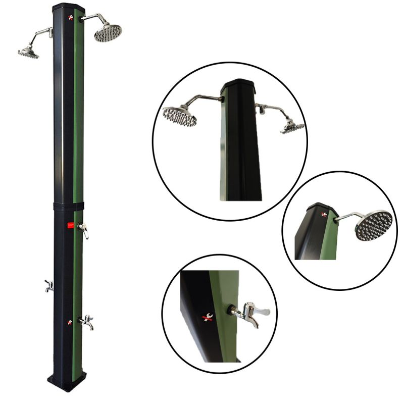 Dus solar dublu pentru gradina si piscina, capacitate 60 Litri, 2 dusuri tip ploaie, 2 dusuri pentru picior, Negru-Verde, Fresco