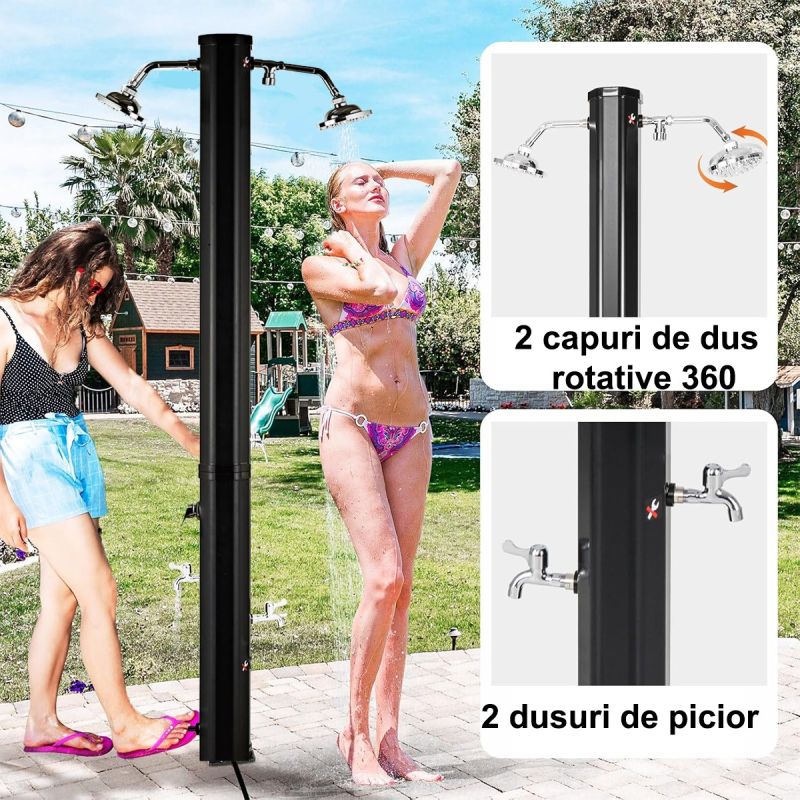 Dus solar dublu pentru gradina si piscina, capacitate 60 Litri, 2 dusuri tip ploaie, 2 dusuri pentru picior, Negru-Verde, Fresco
