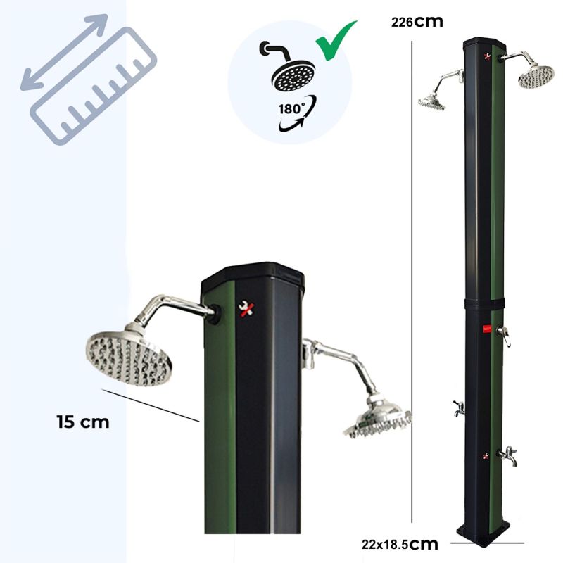 Dus solar dublu pentru gradina si piscina, capacitate 60 Litri, 2 dusuri tip ploaie, 2 dusuri pentru picior, Negru-Verde, Fresco