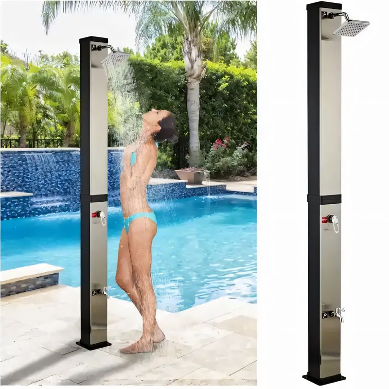 Dus solar pentru gradina si piscina, capacitate de 35 litri, cap de dus tip ploaie 15 cm, Negru-oglinda, Luce