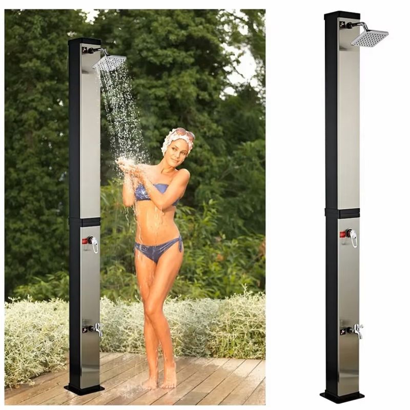Dus solar pentru gradina si piscina, capacitate de 35 litri, cap de dus tip ploaie 15 cm, Negru-oglinda, Luce