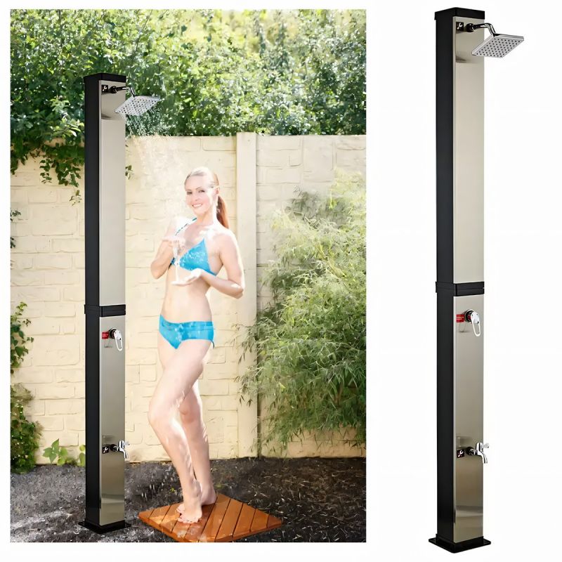 Dus solar pentru gradina si piscina, capacitate de 35 litri, cap de dus tip ploaie 15 cm, Negru-oglinda, Luce