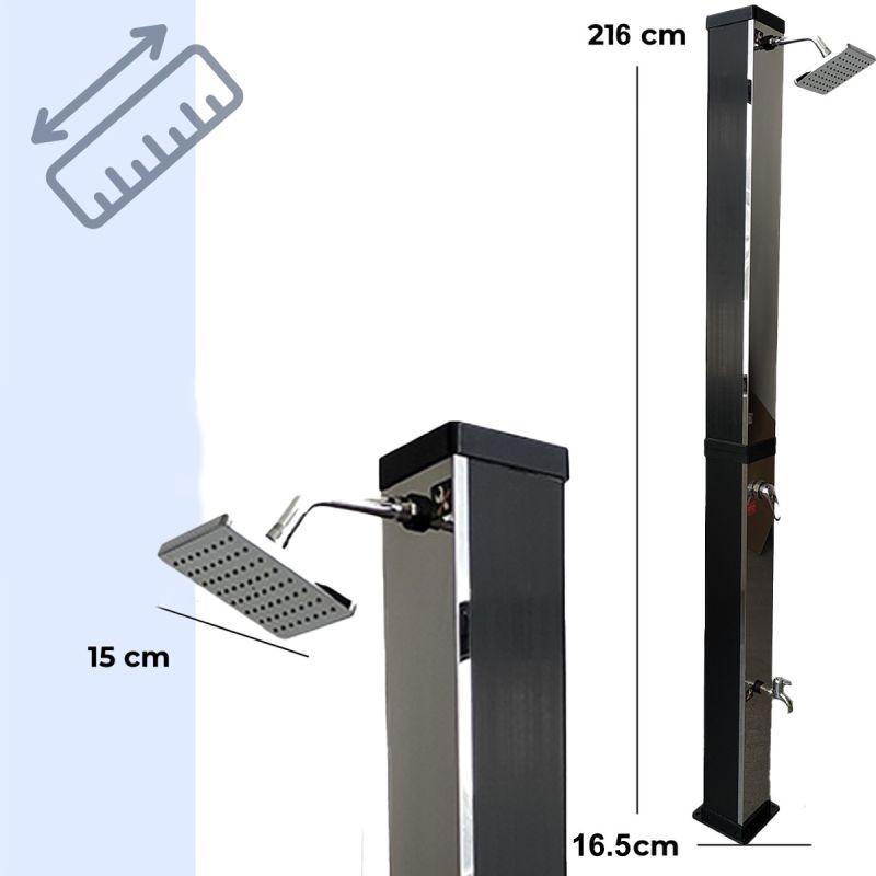 Dus solar pentru gradina si piscina, capacitate de 35 litri, cap de dus tip ploaie 15 cm, Negru-oglinda, Luce