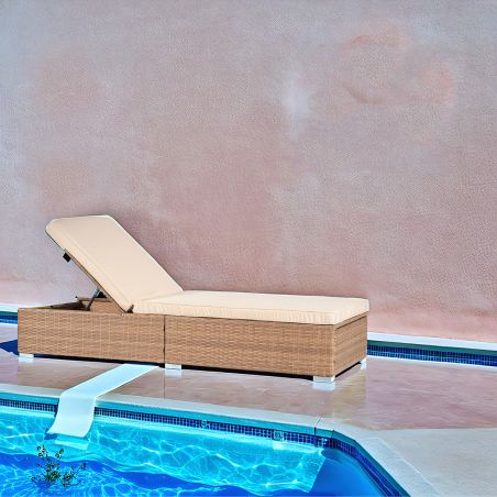 Sezlong de plaja, inaltime reglabila, saltea inclusa, husa impermeabila, otel, poliratan, bej, 195 x 69 x 30 cm, Maro, Ibiza