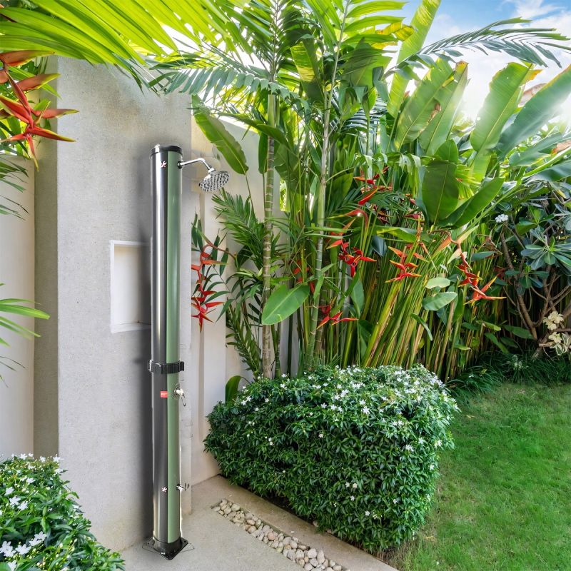 Dus solar pentru gradina si piscina, 38 Litri, dus pentru picioare, cap de dus tip ploaie 15 cm, negru si verde, Valencia