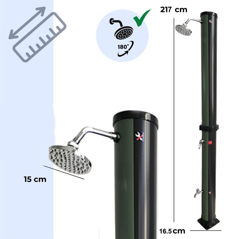 Dus solar pentru gradina si piscina, 38 Litri, dus pentru picioare, cap de dus tip ploaie 15 cm, negru si verde, Valencia