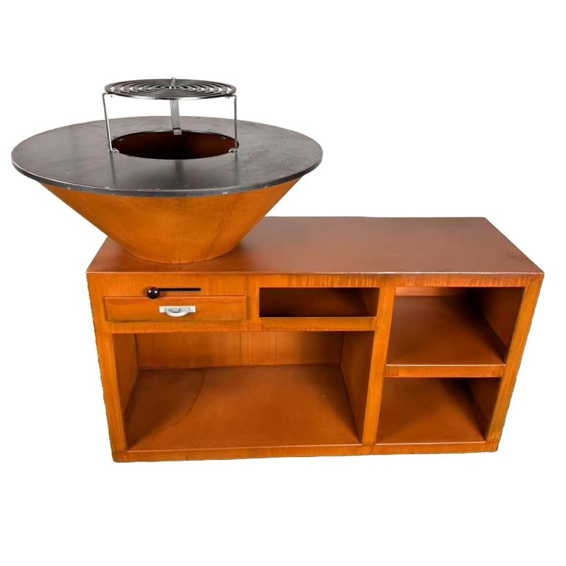 Gratar pe lemn cu plita, spatiu mare de depozitare lemne, 2 rafturi laterale otel corten, dia 85x130x100 cm, Helio