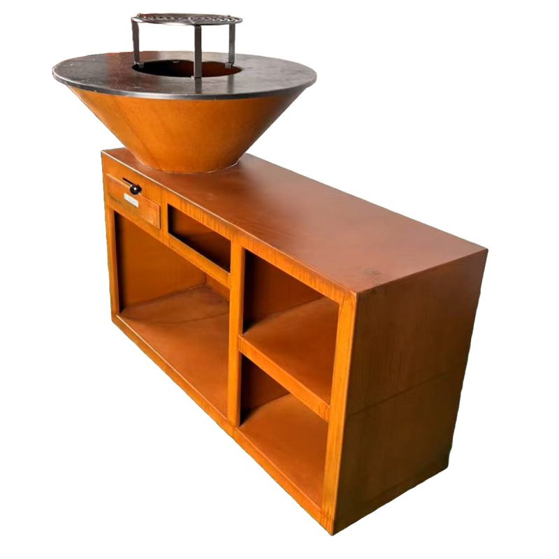 Gratar pe lemn cu plita, spatiu mare de depozitare lemne, 2 rafturi laterale otel corten, dia 85x130x100 cm, Helio