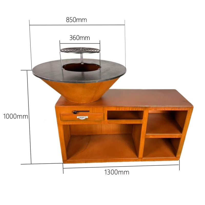 Gratar pe lemn cu plita, spatiu mare de depozitare lemne, 2 rafturi laterale otel corten, dia 85x130x100 cm, Helio