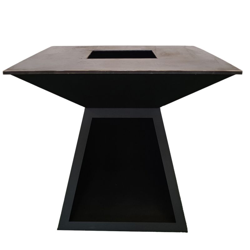 Gratar pe lemn cu plita, suprafata mare de gatit, spatiu pentru lemne, otel corten 2 mm, 100x100x90 cm, Negru, Rustico