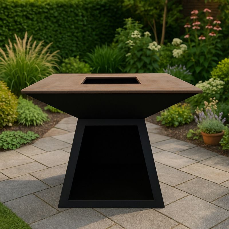 Gratar pe lemn cu plita, suprafata mare de gatit, spatiu pentru lemne, otel corten 2 mm, 100x100x90 cm, Negru, Rustico