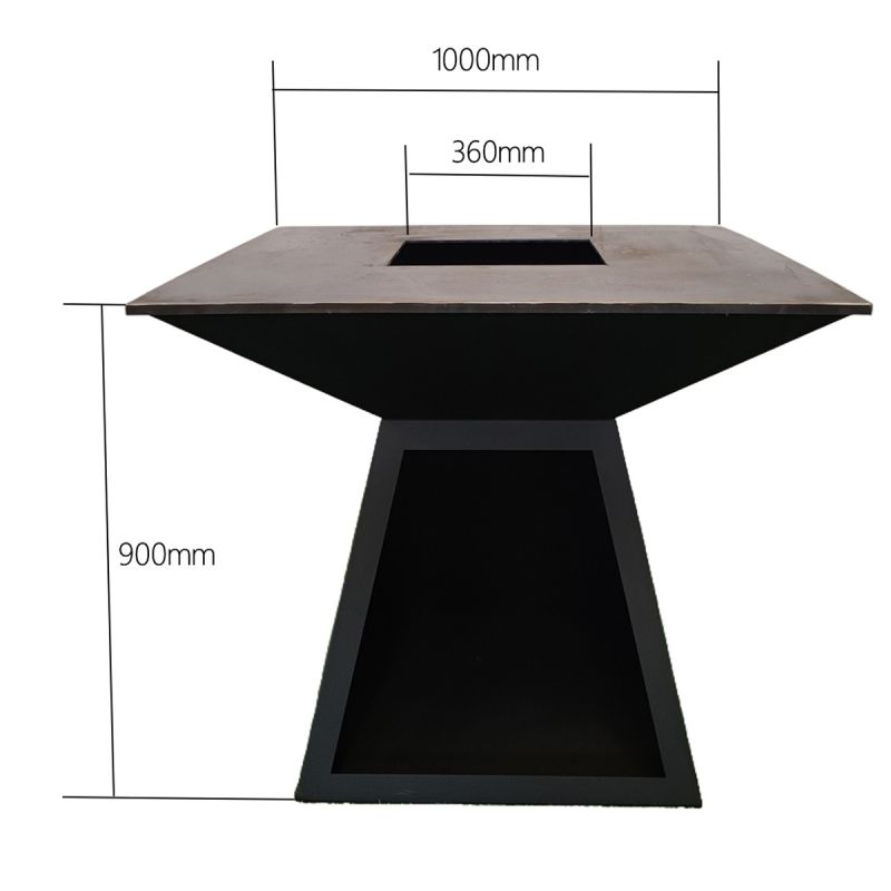 Gratar pe lemn cu plita, suprafata mare de gatit, spatiu pentru lemne, otel corten 2 mm, 100x100x90 cm, Negru, Rustico