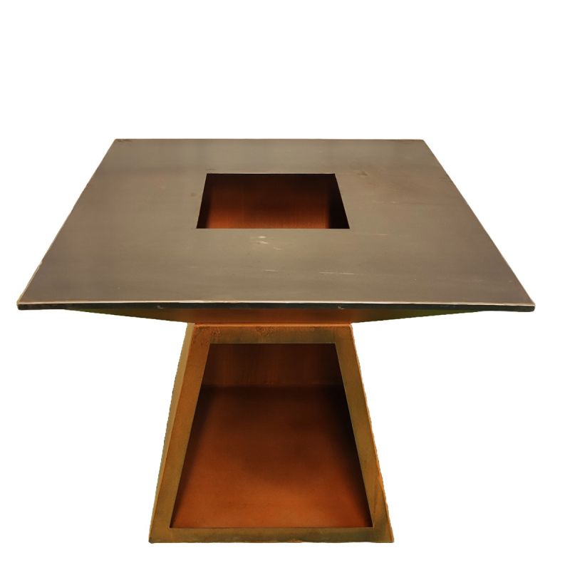 Gratar pe lemn cu plita, suprafata mare de gatit, spatiu pentru lemne, otel corten de 2 mm, 100x100x90 cm, Ruginiu, Rustico