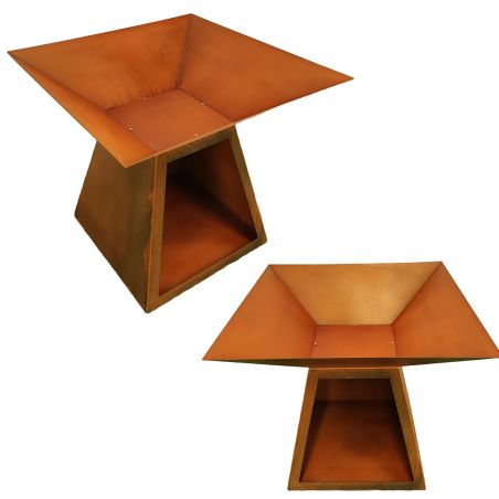 Gratar pe lemn cu plita, suprafata mare de gatit, spatiu pentru lemne, otel corten de 2 mm, 100x100x90 cm, Ruginiu, Rustico