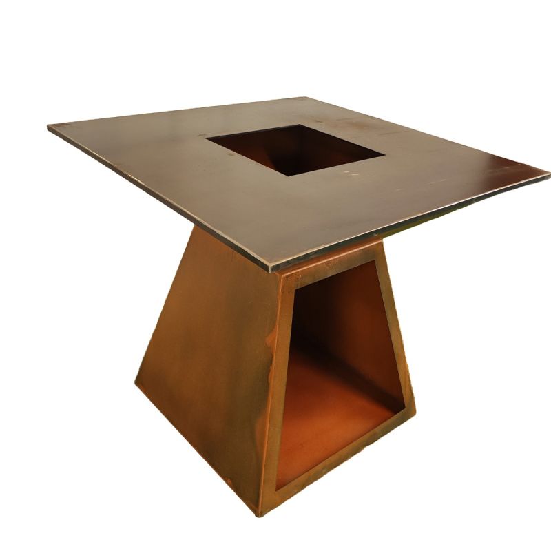 Gratar pe lemn cu plita, suprafata mare de gatit, spatiu pentru lemne, otel corten de 2 mm, 100x100x90 cm, Ruginiu, Rustico